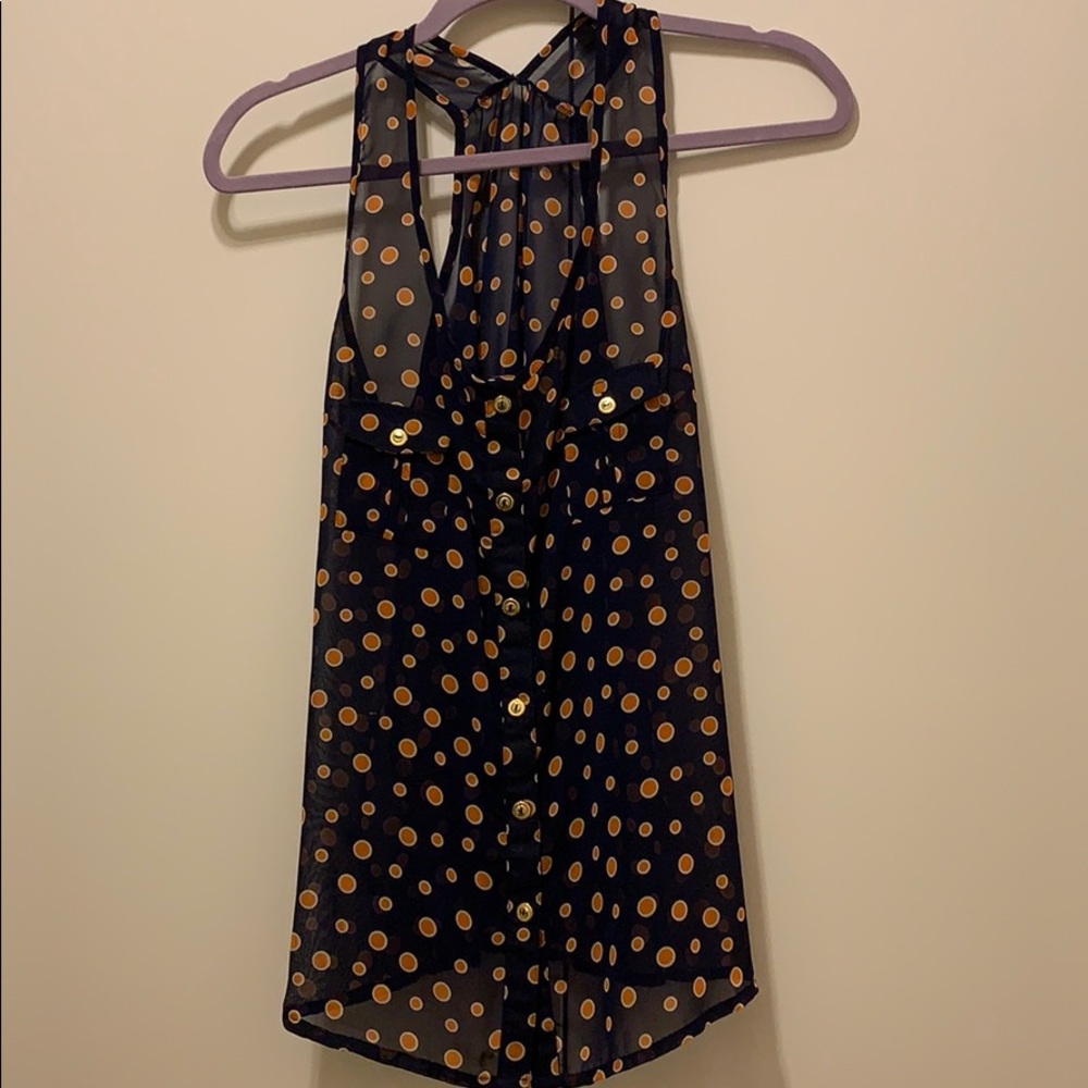 Navy blue and orange sheer polka dot top